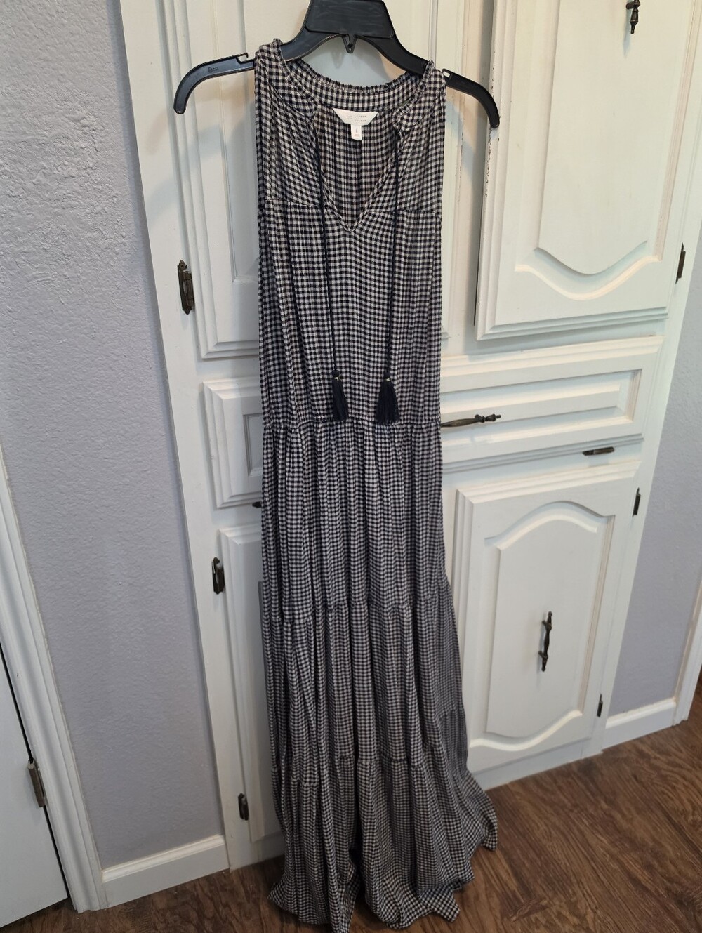 Lauren Conrad Maxi Gingham Tiered Sleeveless Dress - Deep Navy & Tan Large